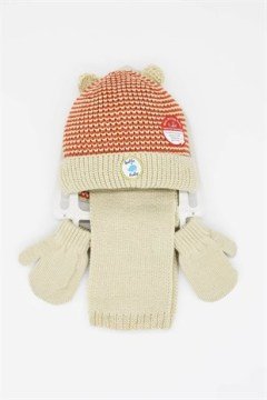 Bebek Örme Atkı Bere Eldiven Seti - Kiremit 1-4 Yaş