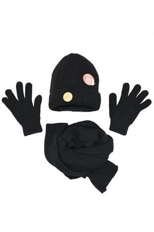 Çocuk Örme Atkı Bere Eldiven Seti - Siyah 9-15 Yaş