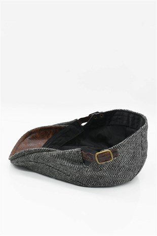 Erkek Şapka Yünlü Deri Aksesuarlı Spor Kasket-Füme