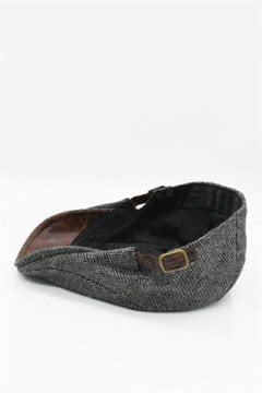 Erkek Şapka Yünlü Deri Aksesuarlı Spor Kasket-Füme