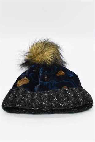 Kadın Kadife Desenli Ponponlu Bere-Füme