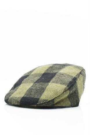 İngiliz Holigan Şapka Erkek Yün Ekose Kasket-Haki