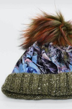 Kadın Kadife Desenli Ponponlu Bere-Haki