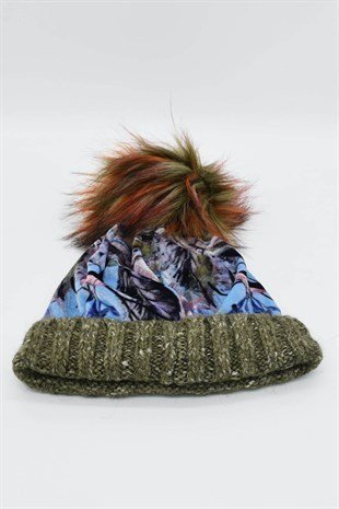 Kadın Kadife Desenli Ponponlu Bere-Haki