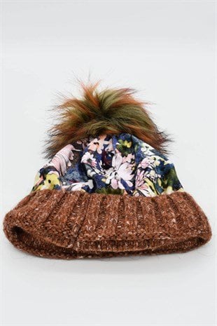 Kadın Kadife Desenli Ponponlu Bere-Kiremit