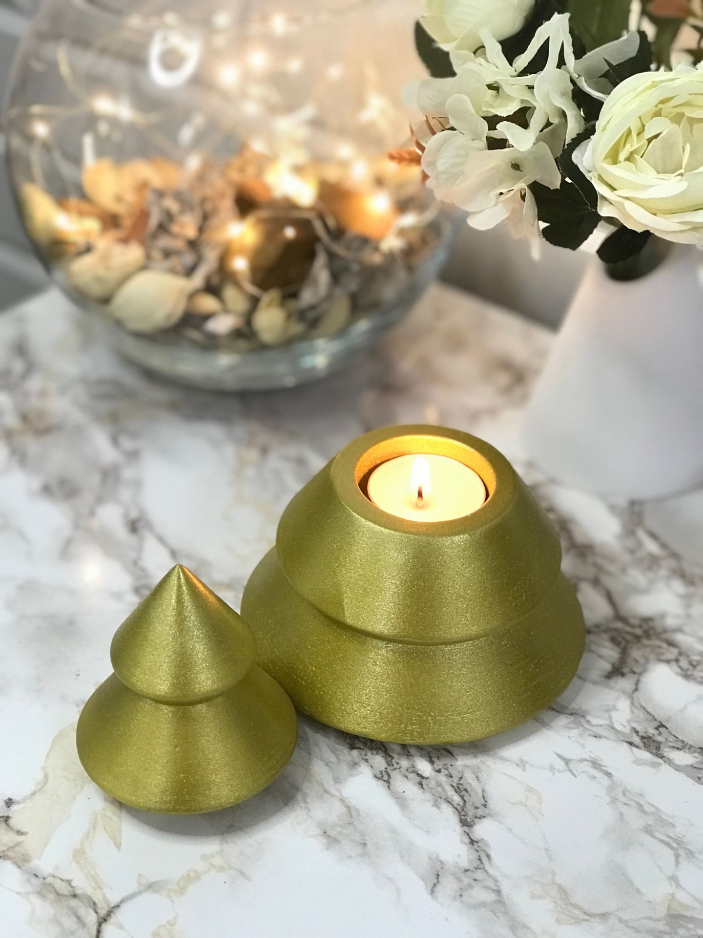 Dekoratif Yılbaşı Mumluk Tealight Mumluk Obje Biblo 2 Parça Gold