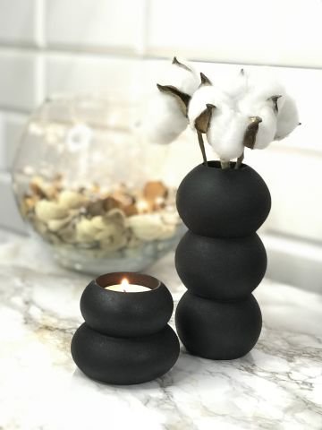 Tealight Mumluk Ve Vazo Seti 2'li Set Hediyelik Siyah