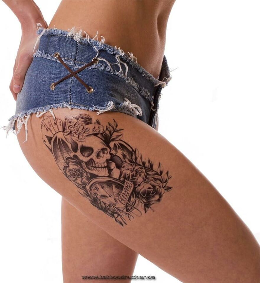 Gerçekçi Geçici Kurukafa ve Saat Dövme Tattoo