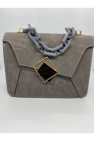 Kadın Siyah Kare Tokalı El ve Omuz Çantası Tek Beden - Gri