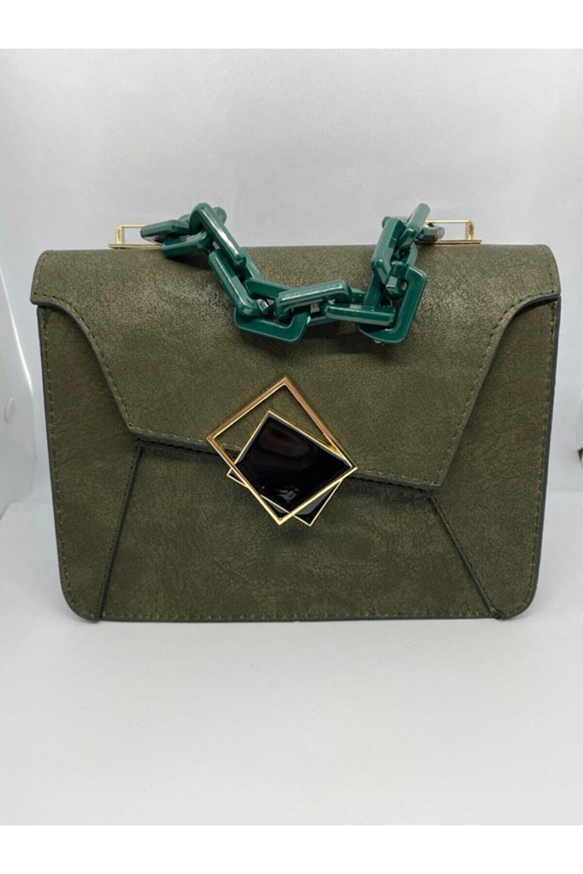 Kadın Siyah Kare Tokalı El ve Omuz Çantası Tek Beden - Haki