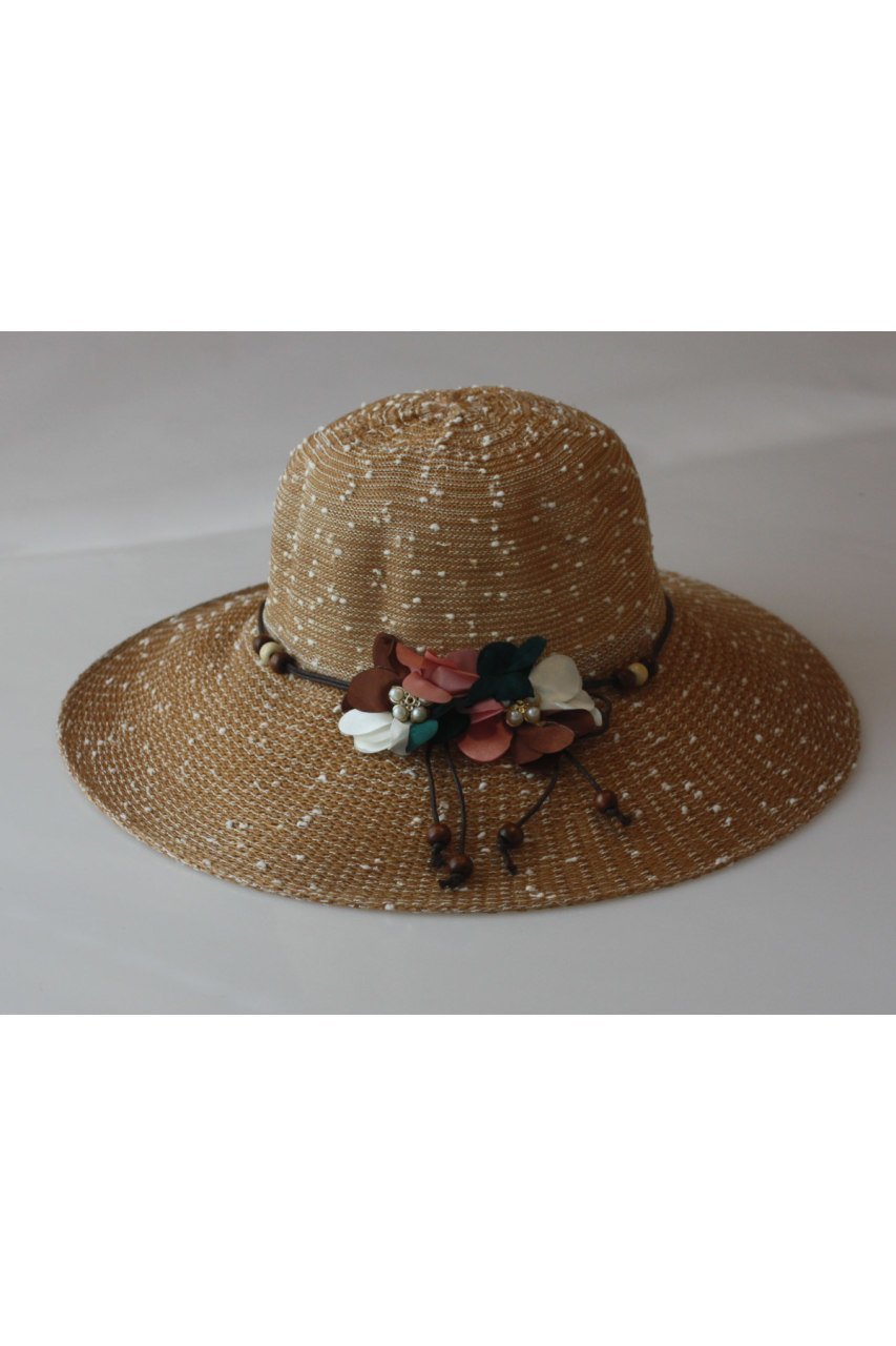 Kadın Hasır Panama Şapka Plaj Şapkası Çiçek Aksesuarlı Bej