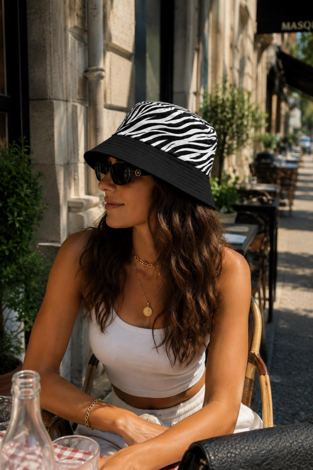 Kadın Bucket Şapka Yazlık Kova Şapka Kadın Zebra Desenli