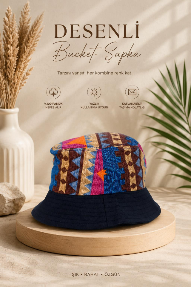 Kadın Bucket Şapka Yazlık Kova Şapka Kadın Etnik Desenli