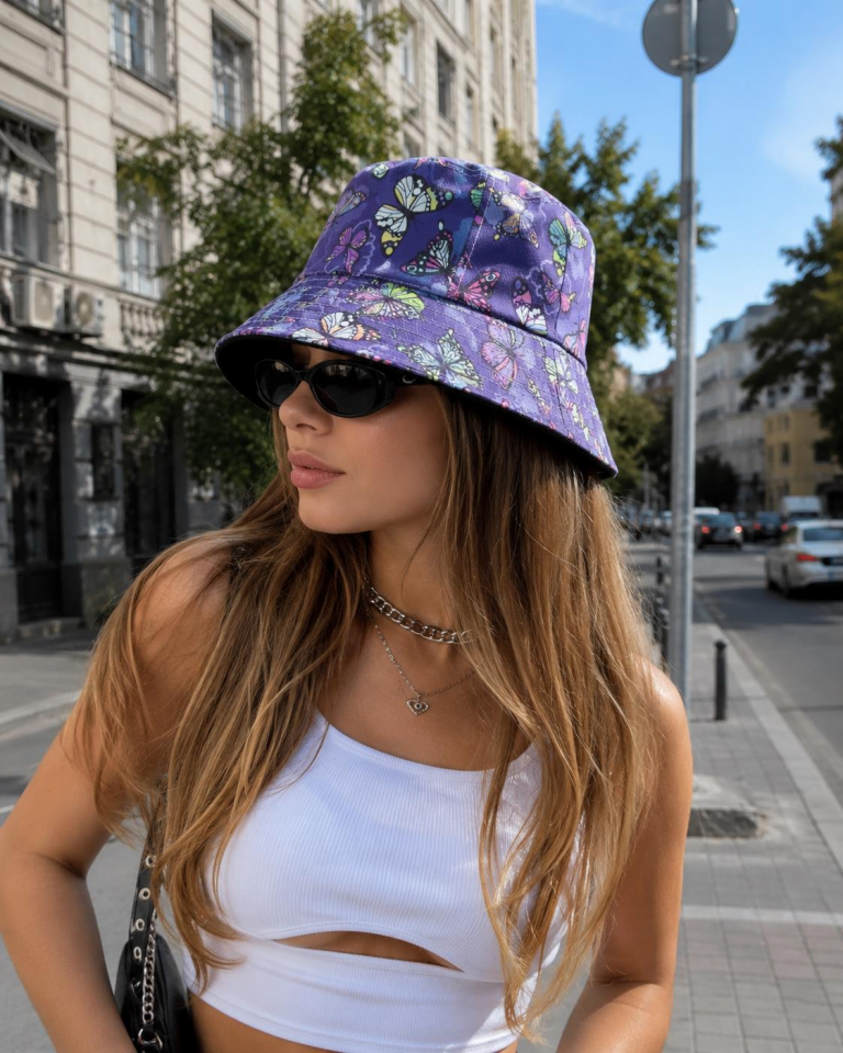 Kadın Bucket Şapka Yazlık Kova Şapka Kadın Kelebek Desenli