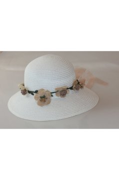 Kadın Hasır Panama Şapka Plaj Şapkası Çiçek Aksesuarlı Beyaz