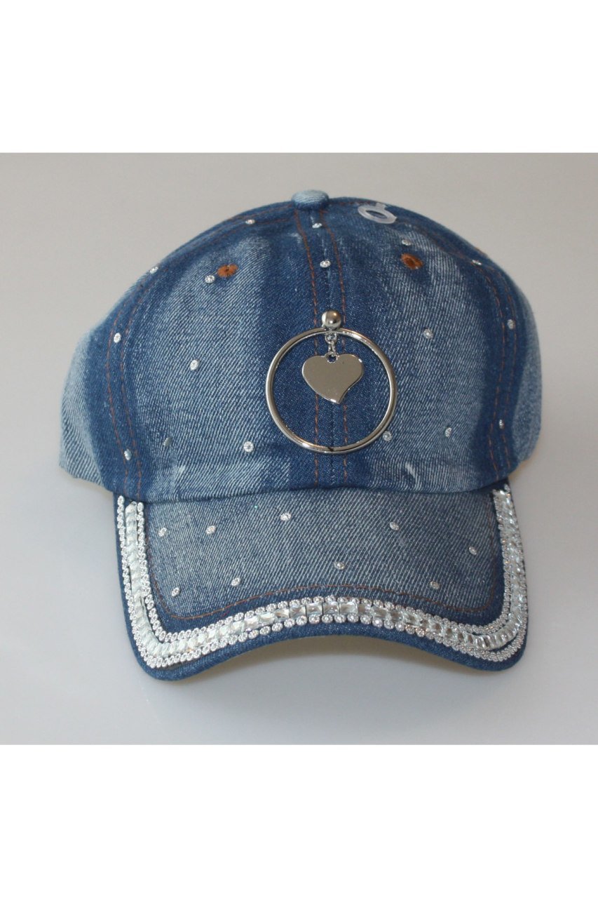 Kadın Kalp Aksesuarlı Kot Şapka Pullu Kep Kilitli Gabardin Kep Mavi