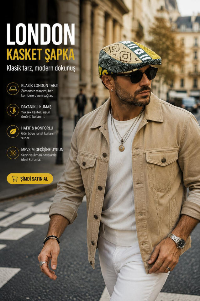 Kasket Pamuklu London Flat Cap Şapka Desenli