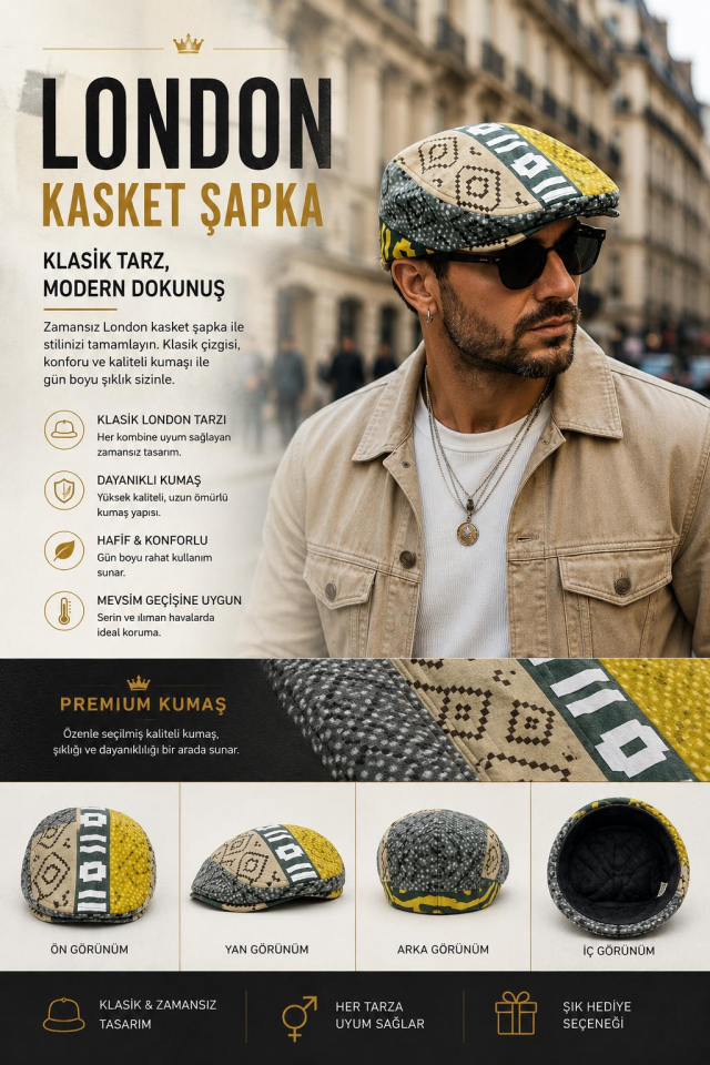 Kasket Pamuklu London Flat Cap Şapka Desenli