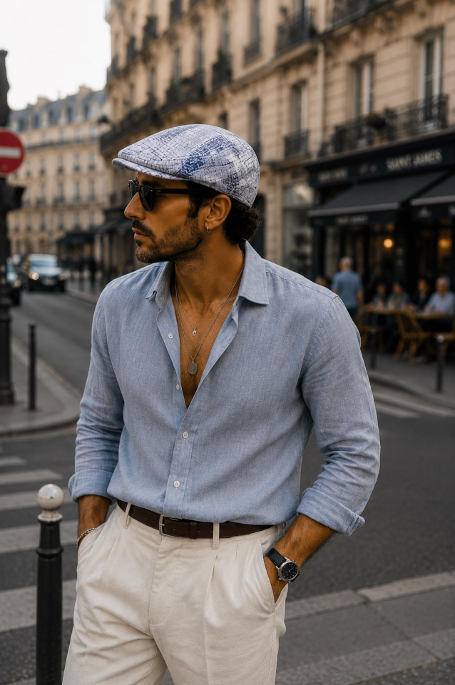 Kasket Pamuklu London Flat Cap Şapka Desenli Mavi Beyaz