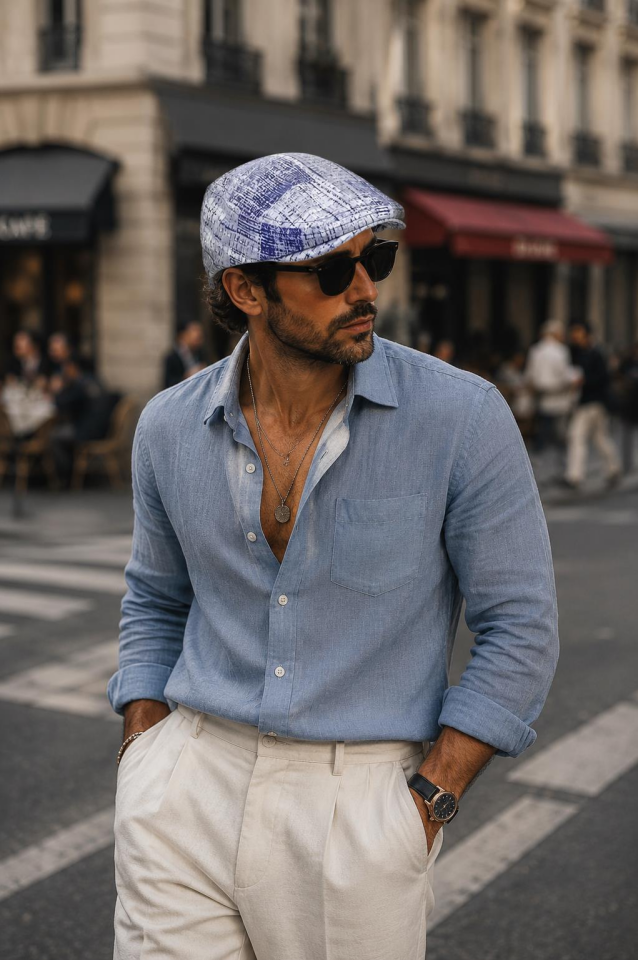 Kasket Pamuklu London Flat Cap Şapka Desenli Mavi Beyaz