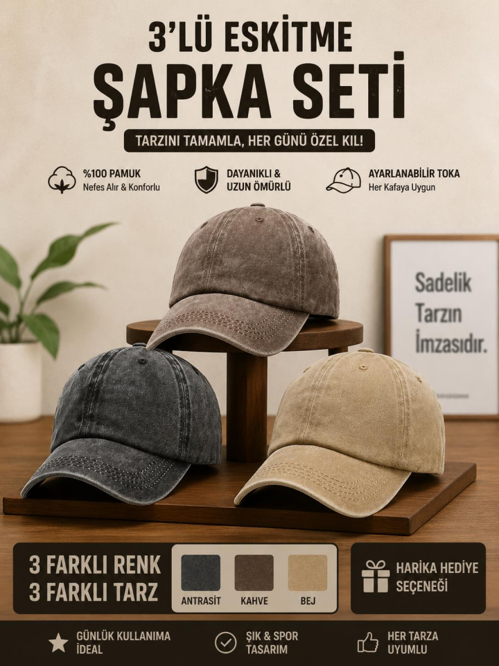 Vintage Görünümlü Unisex Şapka 3 Renk - Yıkamalı Pamuk Kep