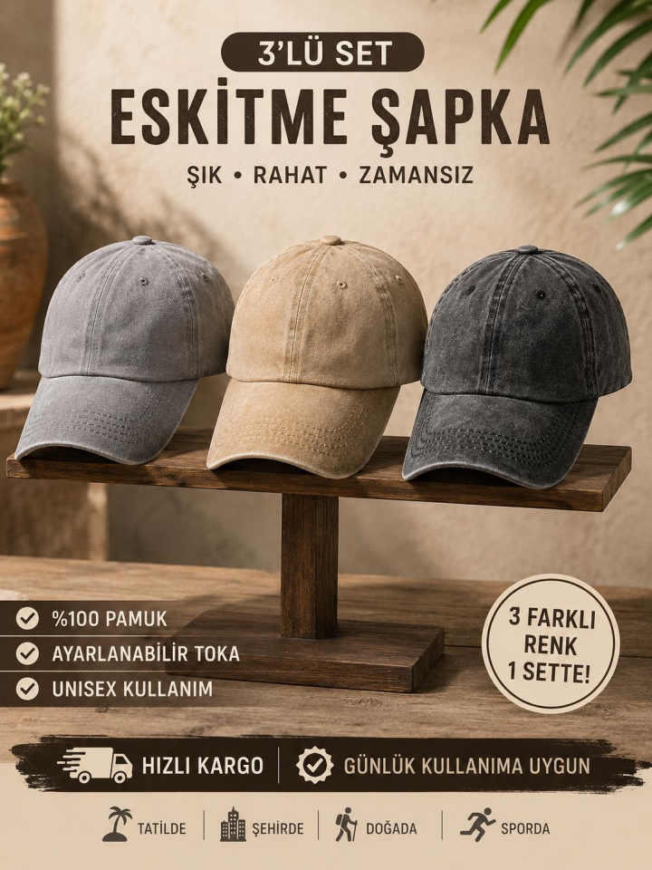 Vintage Görünümlü Unisex Şapka 3 Renk - Yıkamalı Pamuk Kep