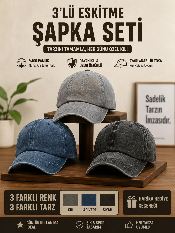 Vintage Görünümlü Unisex Şapka 3 Renk - Yıkamalı Pamuk Kep